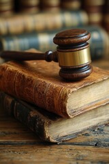 Gavel rests on old books, concept for legal decisions. Background has more books