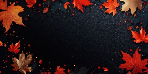 Autumn background with colorful leaves and black glittery autumn decorations on a dark background. Abstract fall template for design- banner- or postcard