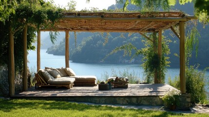 Obraz premium Chic garden deck with a lightweight bamboo canopy extending over it.