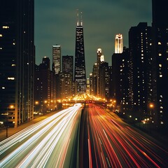 A long-exposure shot of a city at night with lights