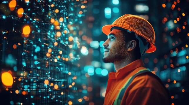 Construction worker looking at futuristic digital interface.
