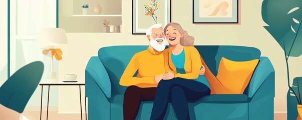 Happy senior couple relaxing on sofa in living room