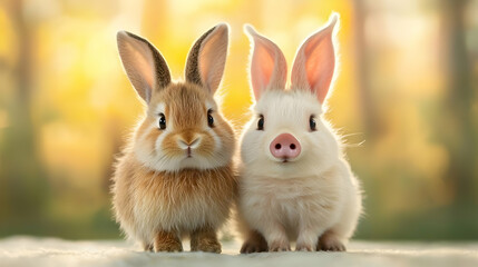 Obraz premium Two cute bunnies in a sunny meadow, spring background, Easter card