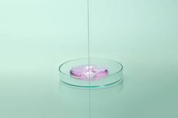 A stream of transparent liquid is poured into a glass petri dish