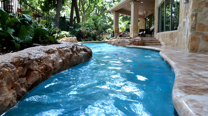 Backyard lazy river pool, luxury home, summer