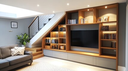 Contemporary built-in TV unit with floating shelves and storage.