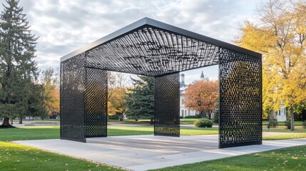 Obraz premium Contemporary pavilion with a metal mesh roof casting artistic shadows.