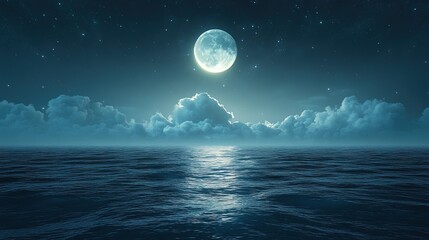 A celestial sea landscape with glowing, ethereal water and a surreal moon above