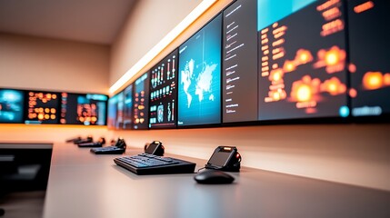 High-tech control room with multiple screens displaying data analytics and global maps