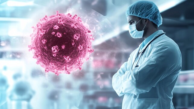 Doctor looking at coronavirus sars-cov-2 cell in hospital operating room