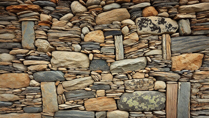 A stone wall constructed from an assortment of flat, irregularly shaped stones of various sizes. Generative AI image.