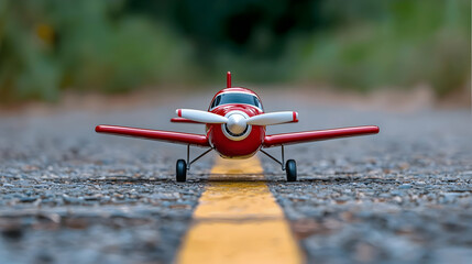 Red toy plane on road, blurred background, travel concept