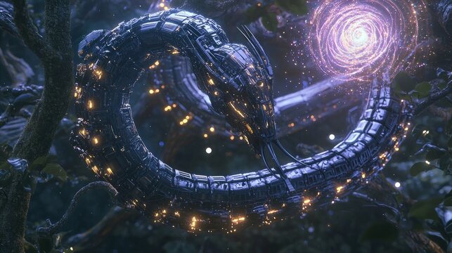 Serpentine Cyborg in Orchard: Cosmic Fractal Cinematic Sci-fi Collage Artwork