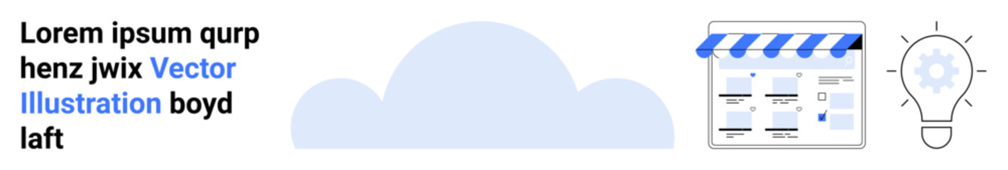 Cloud icon, storefront illustration showing various interface elements, and lightbulb indicating ideas. Ideal for cloud services, online business, innovation, technology, digital marketing