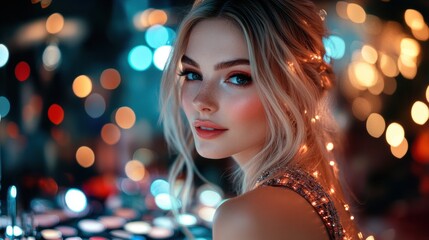 Glamorous Woman with Festive Lights and Colorful Bokeh Background