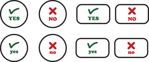 Sharp green checkmark and red cross icon set on isolated transparent background black vector symbol for right and wrong choices. Modern flat and line design symbol tick sign collection. Yes or No.