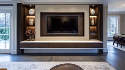 Fototapeta premium Floating built-in TV console with sleek drawers and lighting.