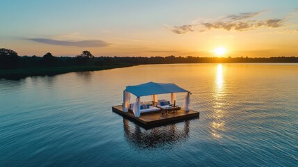 Floating deck pavilion over crystal-clear water at sunset.