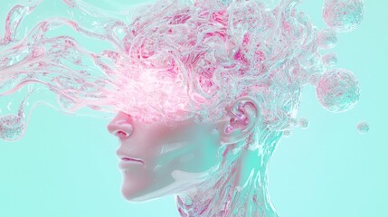 Fototapeta premium Etherial Orbs: Futuristic Sci-fi Collage Artwork Concept with Abstract Bust and Glitchy Orchard Background in Turquoise Tones