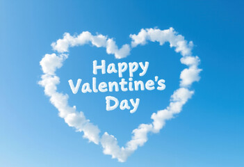 Fototapeta premium Happy Valentine's Day, background with heart shaped clouds on blue sky