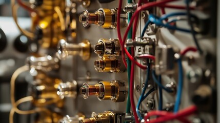 An advanced calorimetry instrument features multiple interconnected modules each designed for specific thermal study applications. The closeup highlights various colored wires and connectors