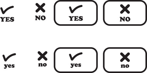 Sharp green checkmark and red cross icon set on isolated transparent background black vector symbol for right and wrong choices. Modern flat and line design symbol tick sign collection. Yes or No.
