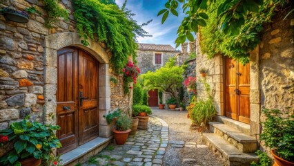 Naklejka premium Traditional Courtyard in Pythagorio, Samos Island, Greece - Large Wooden Door, Stone Paved Alley, Lush Garden, European Charm, Mediterranean Architecture, Historic Village Scene
