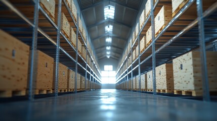 Wooden boxes stacked on warehouse shelves, light at end; for storage, logistics