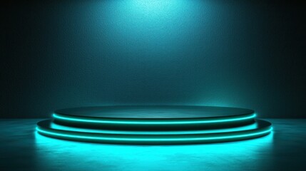 Obraz premium Neon-lit stage platform, blue background, product display