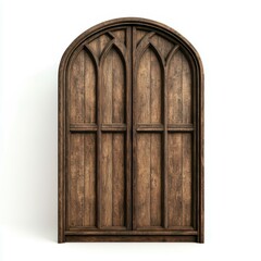 Front view of a wooden, arched door with a gothic design featuring vertical panels and decorative cutouts.