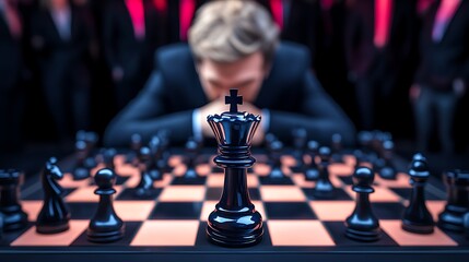 Intense chess match between a focused player and a backdrop of spectators in suits