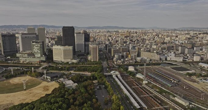 Osaka Japan Aerial v64 drone flyover Osakajo capturing Shiromi business park, train station, Daini Neya river and urban cityscape of Chuo and Joto wards - Shot with Mavic 3 Pro Cine - Oct 9th 2023