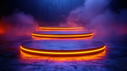 Neon-lit stage, smoky backdrop, product display, futuristic setting