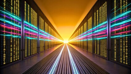 Fototapeta premium Futuristic Data Center with Vibrant Lights and Glowing Binary Code in a Digital Landscape