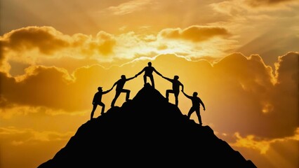 Teamwork and Collaboration on a Mountain Peak Silhouette Against a Sunset Background