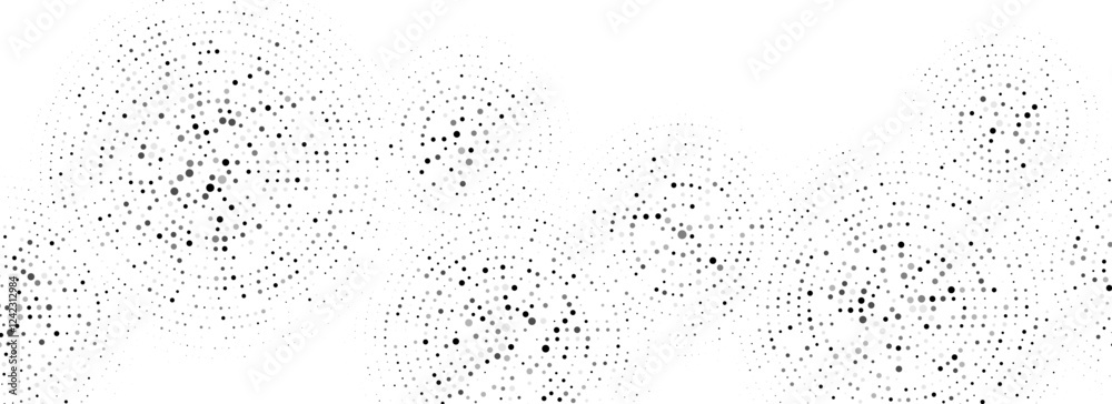 Poster Black dotted concentric circle pattern. Radial halftone abstract drop wallpaper. Rippled sound wave ring background. Tech circular particle texture for banner, poster, presentation. Vector backdrop