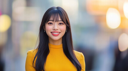 Obraz premium smiling woman in yellow top stands outdoors, radiating joy and confidence. blurred background adds warm, vibrant atmosphere to scene