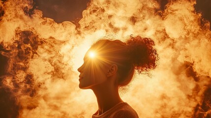 Woman, sunlit profile, smoky sunset, spiritual awakening, meditation, inner peace