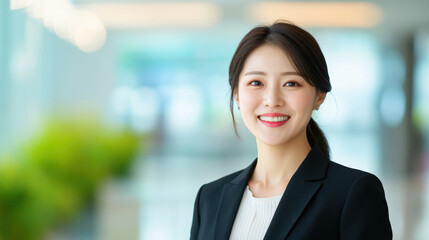 professional Korean woman smiling in modern office environment, showcasing confidence and positivity. background features blurred greenery and soft lighting, enhancing professional atmosphere