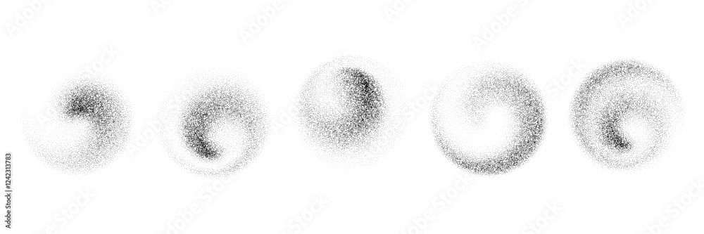Poster Dotted swirl gradient shapes. Black stippled spiral object set. Grainy spray circles collection. Noise wave splashes and splatters forms. Dissolving sand dust texture. Vector fading halftone elements