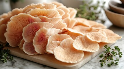Pink oyster mushrooms on board; herbs, bowls in soft background, cooking use