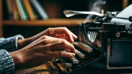 Hands typing on vintage typewriter, writing a story or novel with classic machine and smoky background