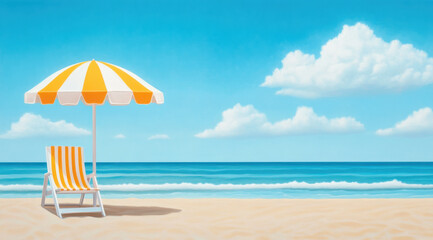 beach umbrella and deck chair on sandy shore create relaxing scene by ocean. vibrant colors and clear blue sky evoke sense of tranquility and leisure