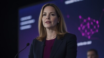 Obraz premium A business woman leader giving a speech at a conference with an audience and a large screen backdrop