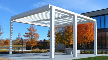 Modern white pergola pavilion with minimalist design and clean lines.