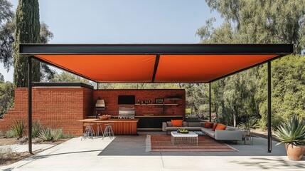 Open-air patio with a geometric roof extension for stylish shade.