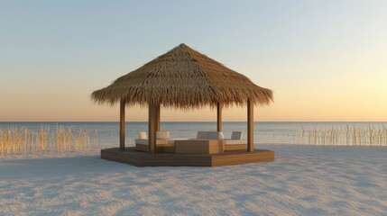 Open-air pavilion with a thatched roof in a tropical beach setting.