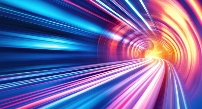 Blurred motion of colorful lights in tunnel, creating dynamic and vibrant atmosphere, evoking sense of speed and energy