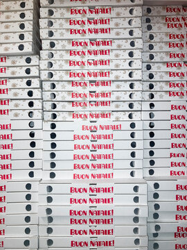 Stacked Pizza Boxes with Buon Natale written on them