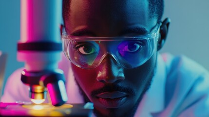 A medium closeup of a researcher peering through a microscope with a colorful slide illuminated beneath it. The researcher wears protective goggles and a lab coat their expression focused